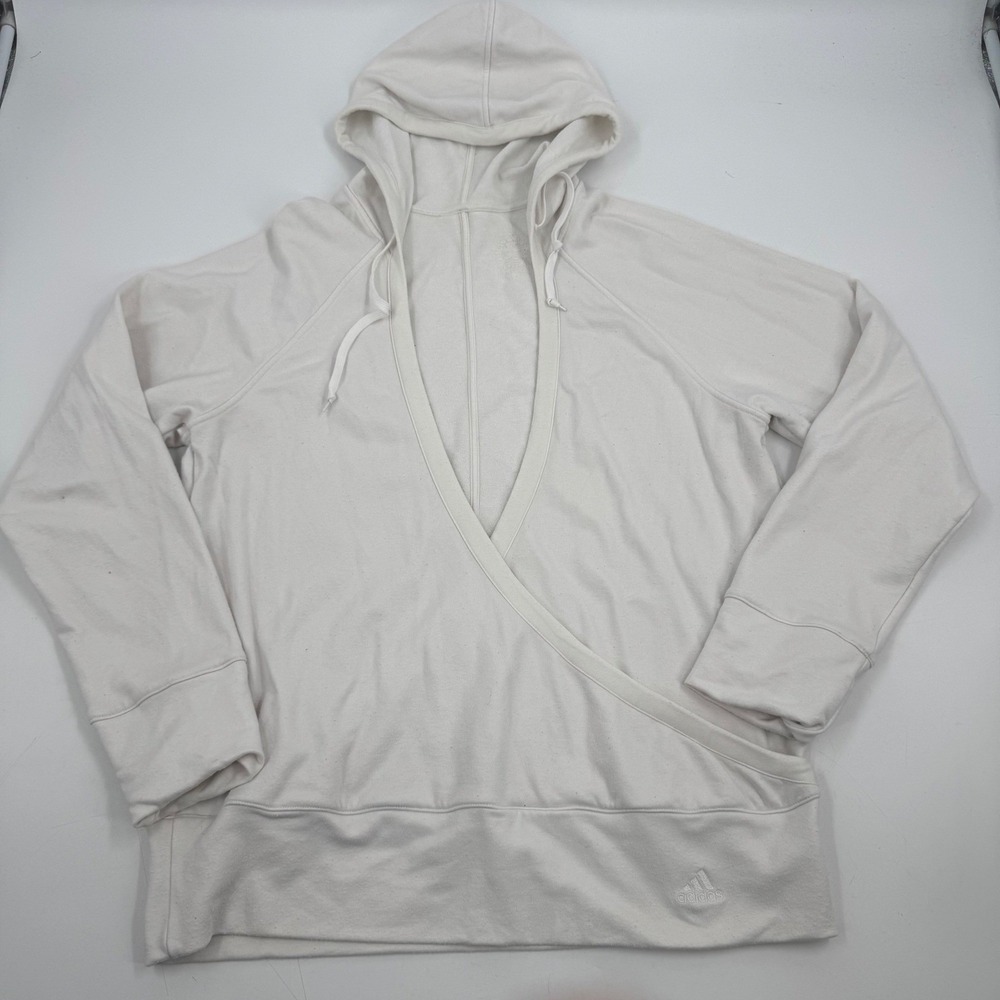 Adidas Women Wrap Hoodie Sweatshirt Cream‎ White Drawstring Hood Long Sleeve